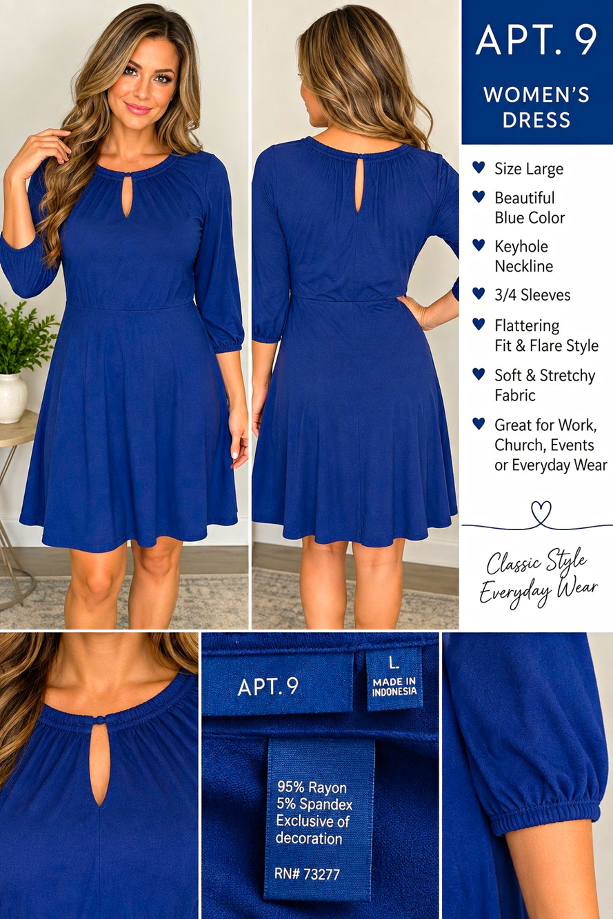 APT 9 Womens Dress Large Blue 3/4 Sleeve Keyhole Fit Flare Stretch Rayon